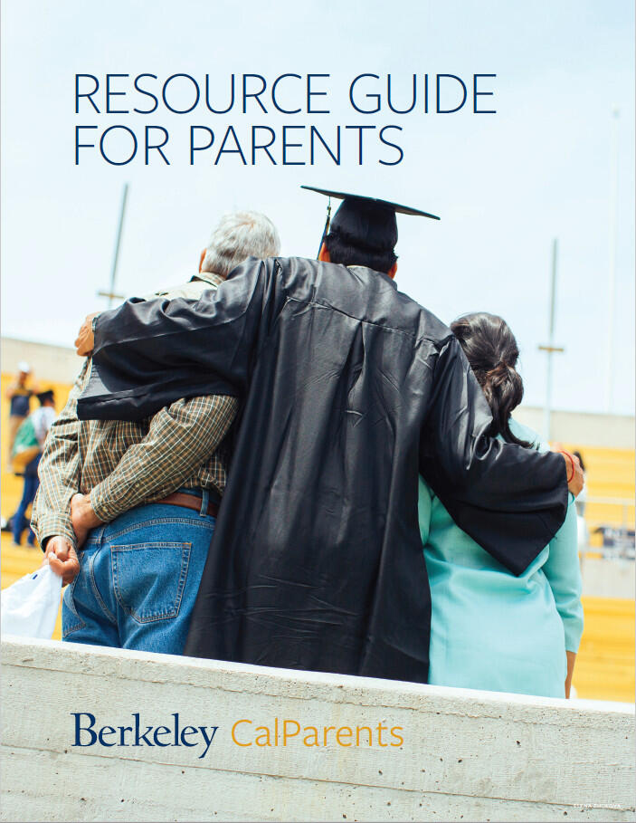 screenshot of resource guide cover with student in graduation attire standing with parents