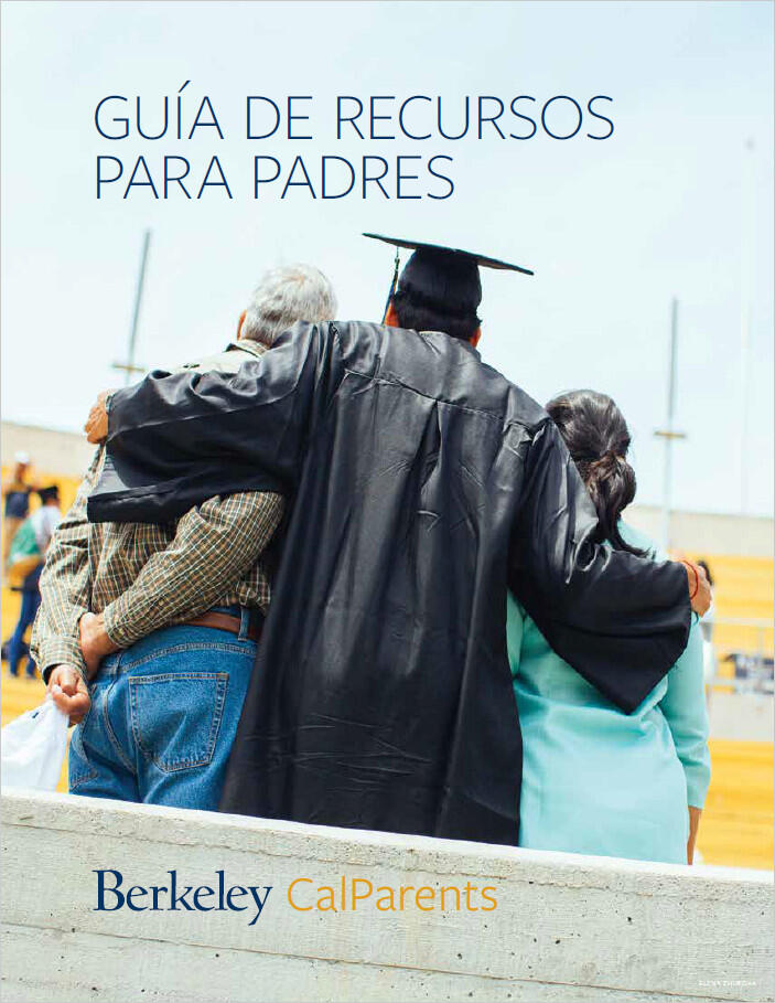 screenshot of resource guide cover in Spanish with student in graduation attire standing with parents